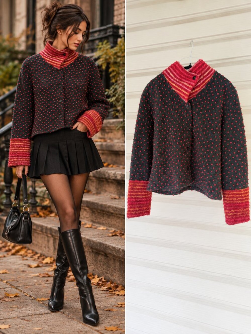 tLb DESIGN Black Red Popcorn Dot Knit Shacket Cropped Jacket Whimsigoth M